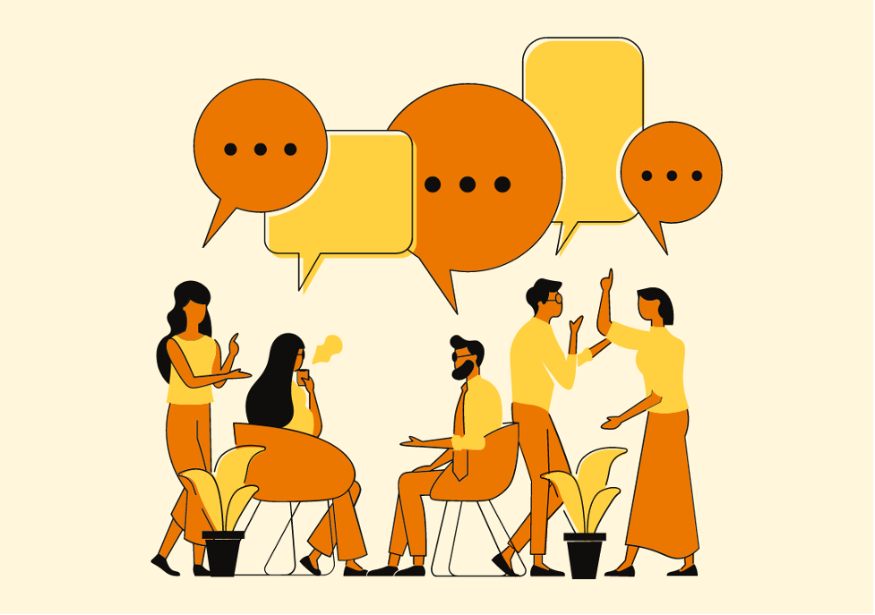 Cartoon image of people gathered together with various speech bubbles above them filled with ellipses, as if in conversation